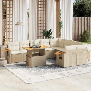 Beige 10-tlg. vidaXL Garten-Sofagarnitur aus Rattan mit Tisch und Kissen.