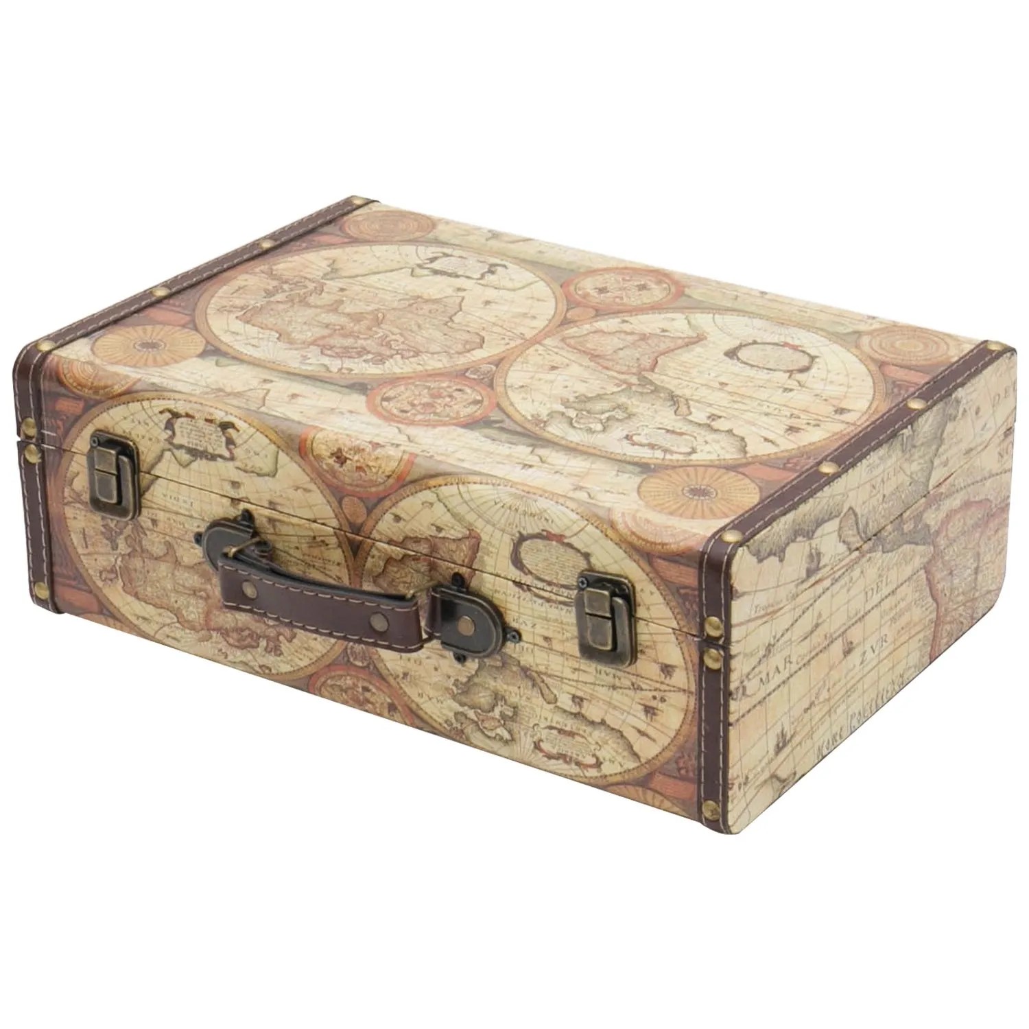 HMF VKO104 Vintage Vintage Koffer Truhe Holzkiste Holz 38 x 26 x 13 cm Deko Weltkarte Farbe