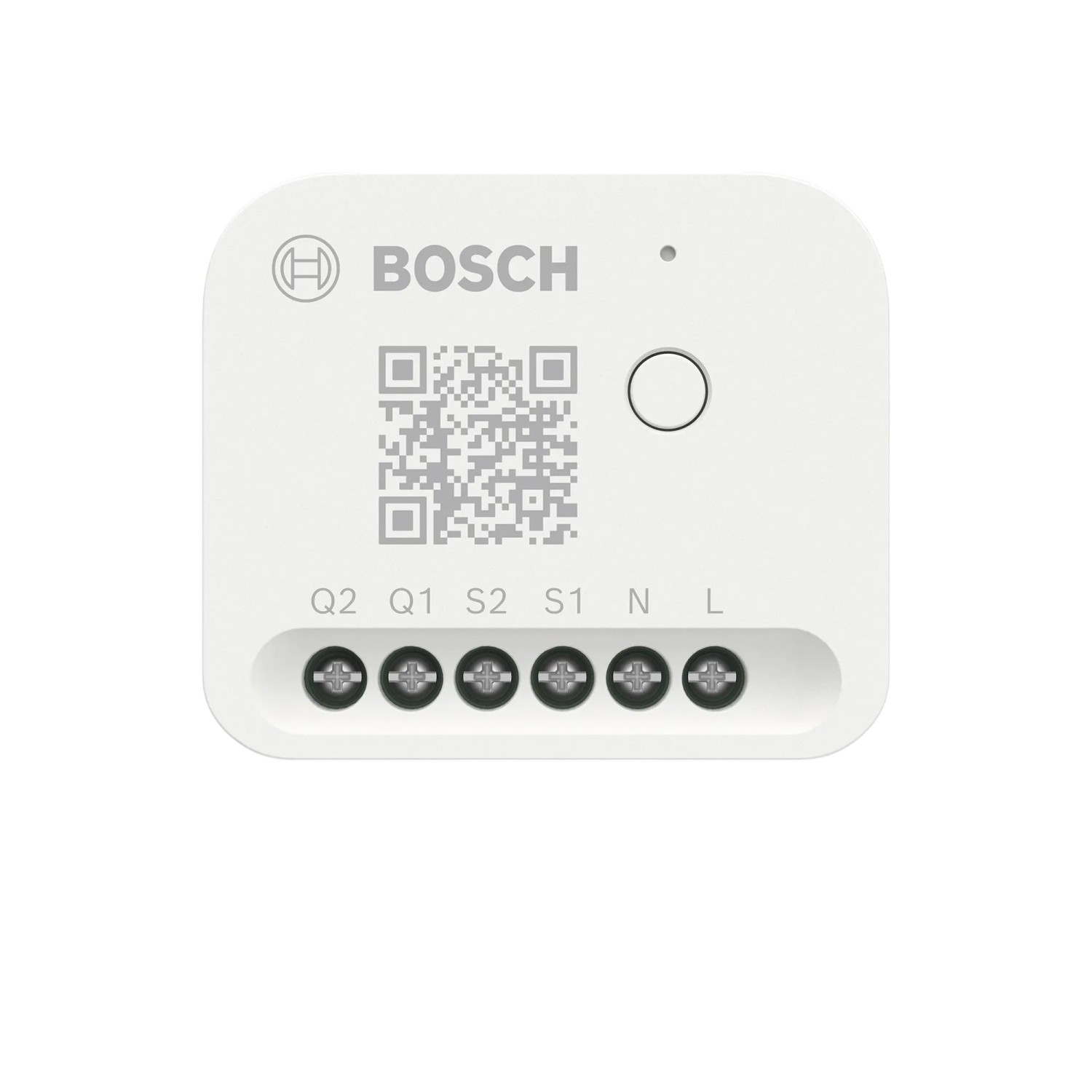 Weißes Bosch Smart Home Modul für Licht- und Rollladensteuerung mit QR-Code und sechs Anschlussklemmen.