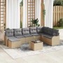 Beiges 9-teiliges vidaXL Garten-Sofa-Set aus Poly Rattan mit Kissen und Tisch.