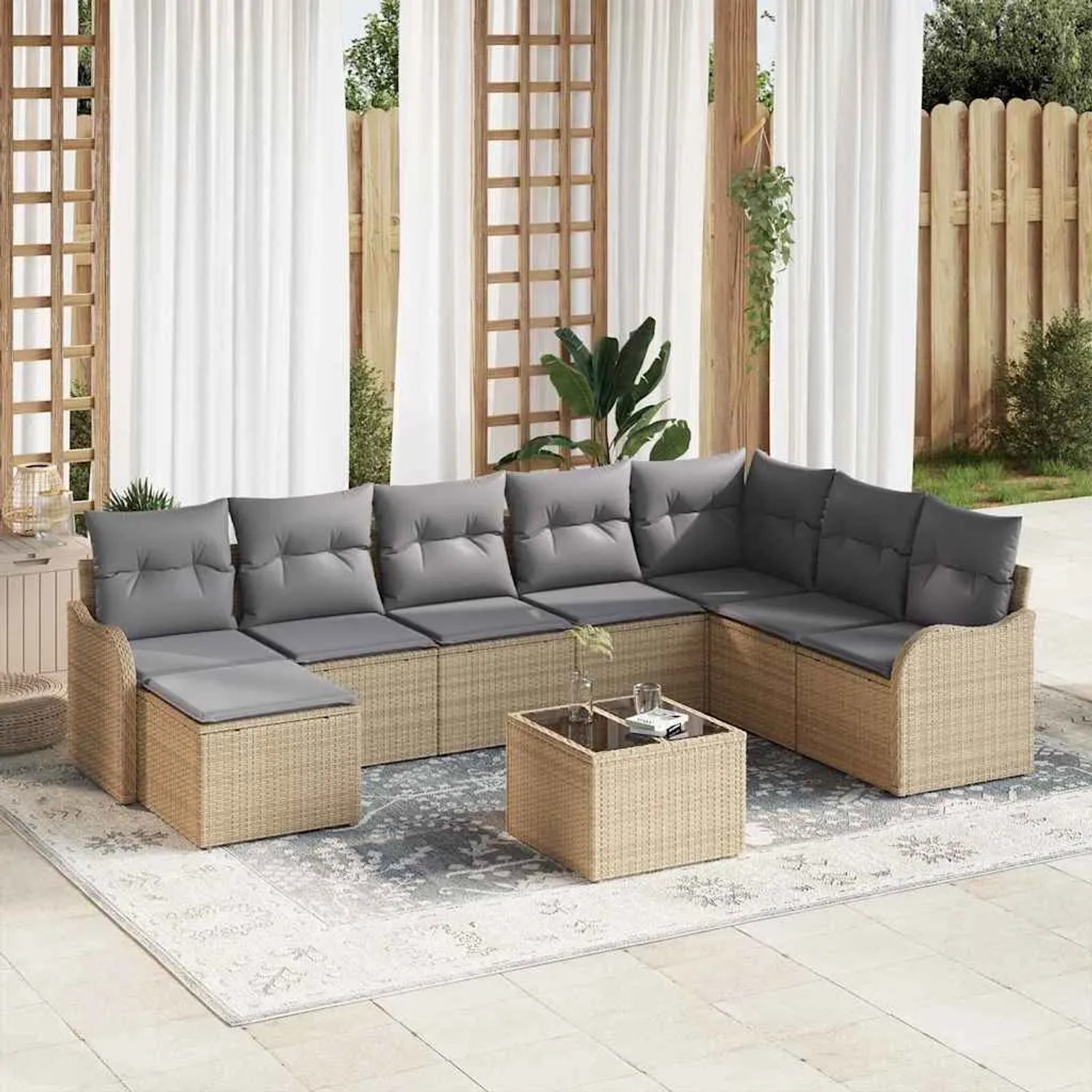 Beiges 9-teiliges vidaXL Garten-Sofa-Set aus Poly Rattan mit Kissen und Tisch.
