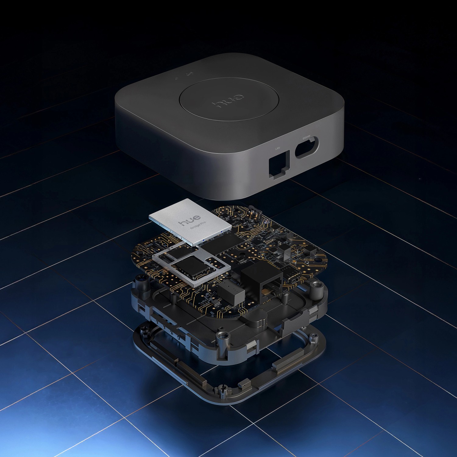 Philips Hue Bridge Pro: Kabellose Smart Home Zentrale in Schwarz, mit geöffneter Innensicht.