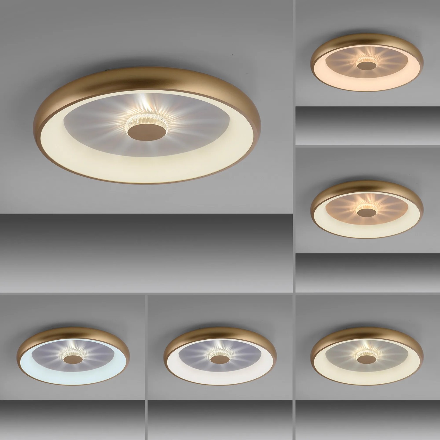 LED-Deckenleuchte Vertigo in Messing-Optik, Ø 61,5 cm, mit verschiedenen Lichteinstellungen.