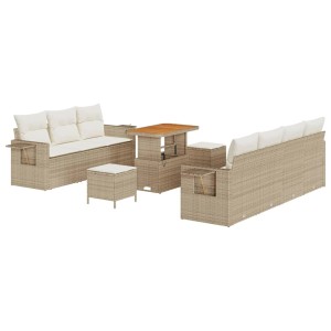 Beiges 10-tlg. vidaXL Garten-Sofa-Set aus Poly Rattan mit Tisch und Hockern.