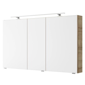 Pelipal Spiegelschrank 4035, 120 cm, Riviera Eiche Dekor mit Aufsatzleuchte. Badezimmerschrank mit drei Türen.