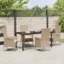 Beige 5-tlg. Garten Essgruppe aus Poly Rattan mit Tisch und Stühlen mit Kissen.