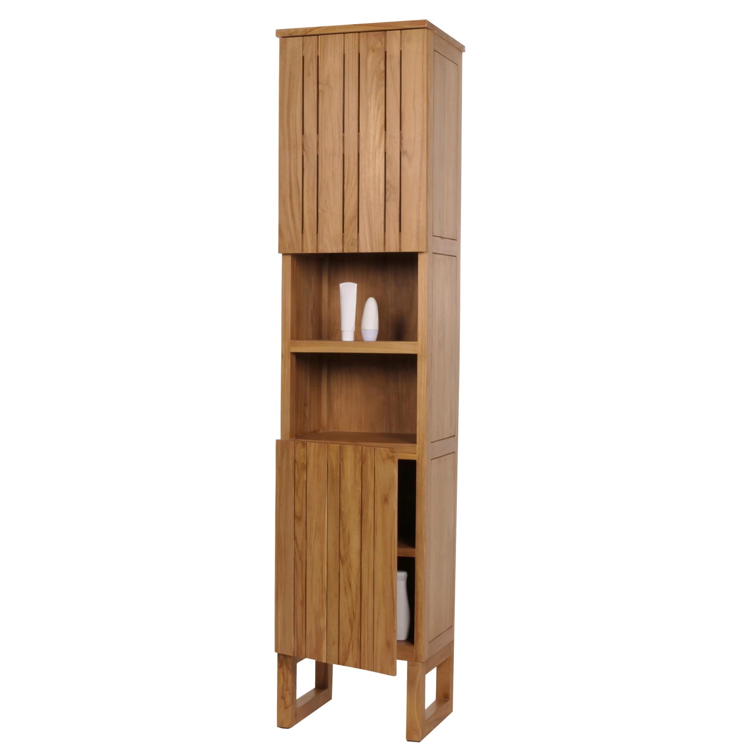 MCW Teak Hochschrank M72 mit 2 Türen und 6 Fächern für das Badezimmer.