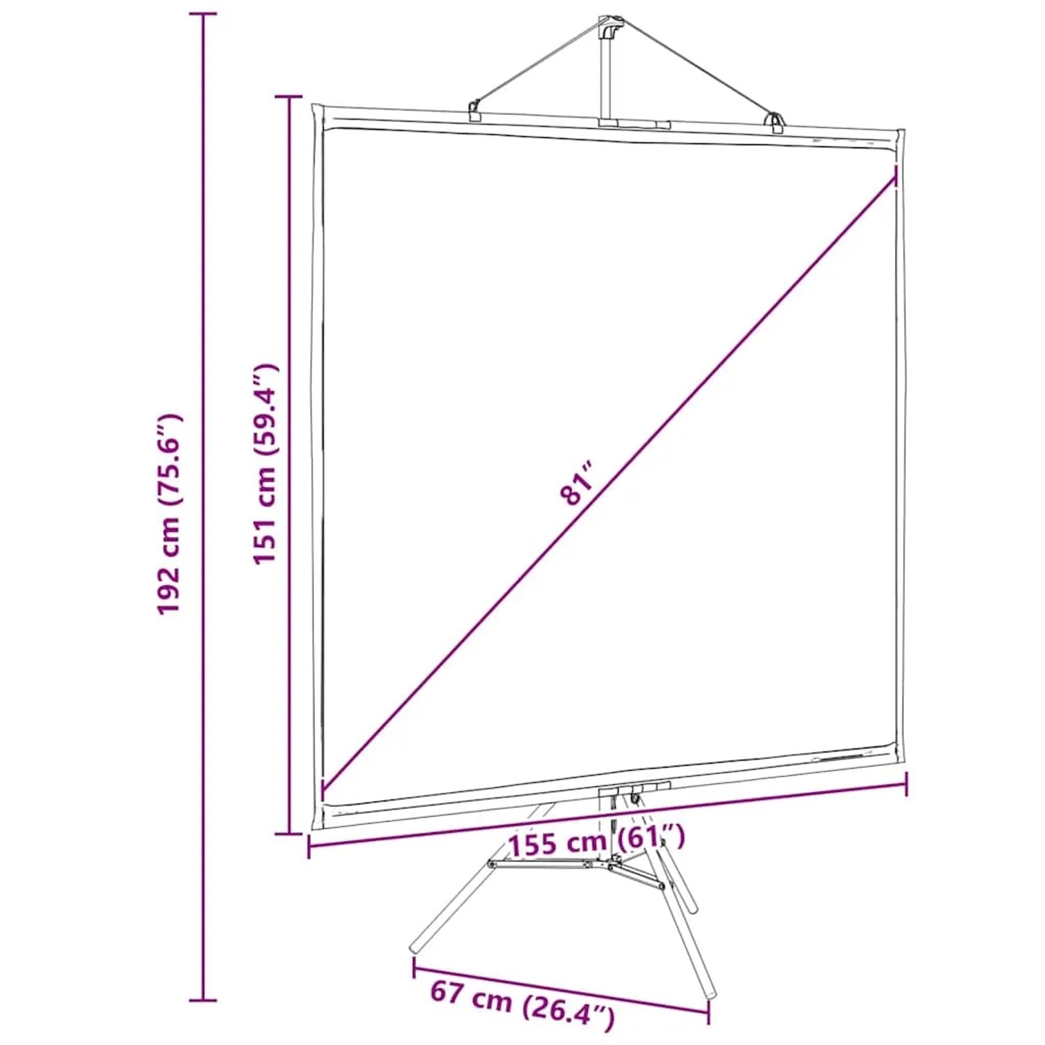 Weiße Beamer Leinwand 81 Zoll auf Stativ, 1:1 Format. Maße 155x151 cm. Video-Zubehör.