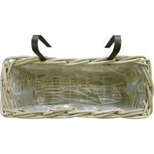 Grauer Balkonkorb aus Rattan, 46x15x15 cm, mit Haken zum Aufhängen.