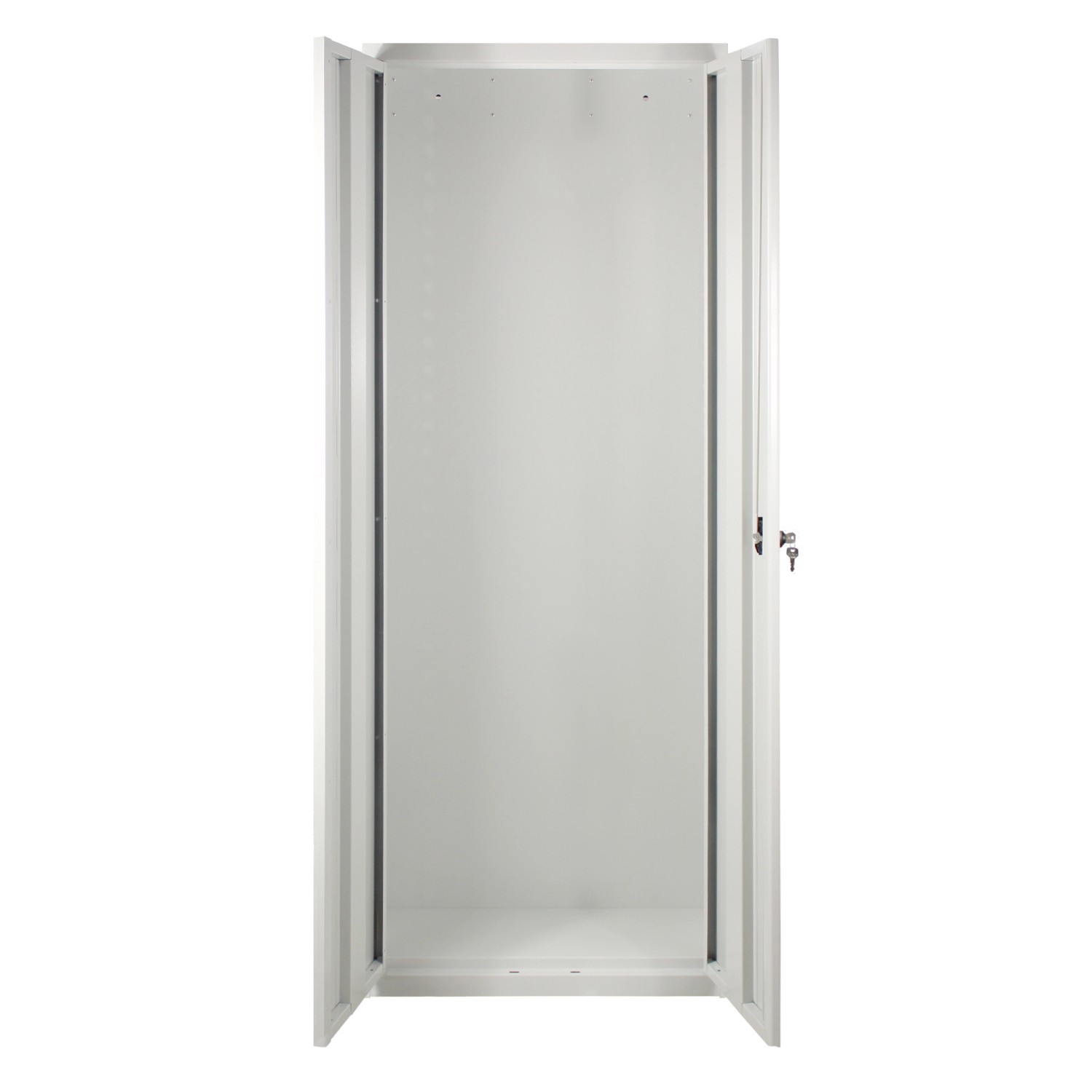 Offener, hellgrauer PROREGAL Regalschrank Owl (195x71x30cm) mit zwei Türen. Ideal als Aktenschrank.