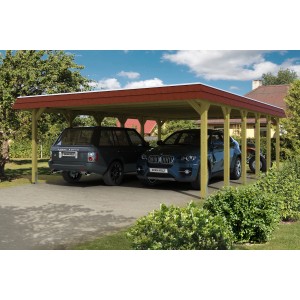 Skan Holz Doppelcarport Spreewald mit roter Blende, Holzkonstruktion für zwei PKW.