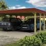 Skan Holz Doppelcarport Spreewald mit roter Blende, Holzkonstruktion für zwei PKW.
