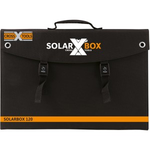 Cross Tools Solarpanel Solarbox 120, zusammengeklappt in schwarzer Tasche mit Tragegriff.