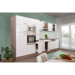 Respekta Küchenzeile KB370EYWMIGKE, 370 cm, Weiß Seidenglanz/Eiche York Nachbildung, mit E-Geräten.