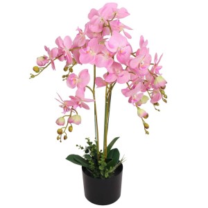 Künstliche Orchidee (75 cm) mit rosa Blüten im schwarzen Topf.