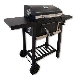 Schwarzer Schweng Holzkohlegrill Trolley mit Doppel-Seitenablagen, Rädern und Luftregulierung.