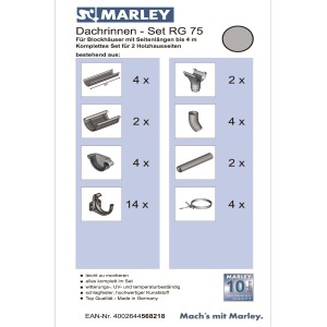 Marley Dachrinnen-Set RG 75 grau für Blockhäuser bis 4m, Komplettset mit Zubehör.