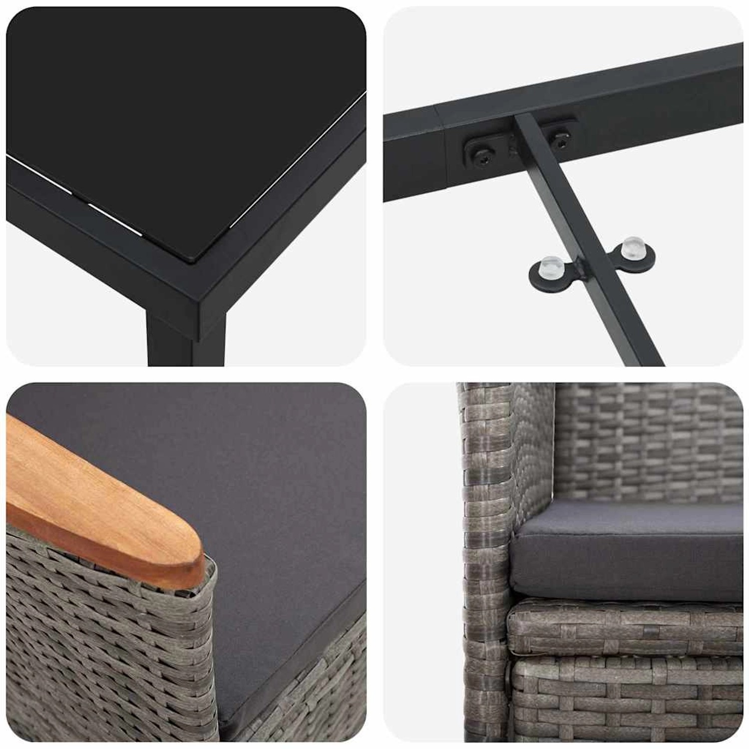 Detailansichten der grauen vidaXL Garten Essgruppe mit Polyrattan, bestehend aus Tisch und Stühlen mit Kissen.