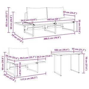 vidaXL Garten Essgruppe 3-tlg anthrazit Stahl, Maße von Tisch, Sofa und Sessel