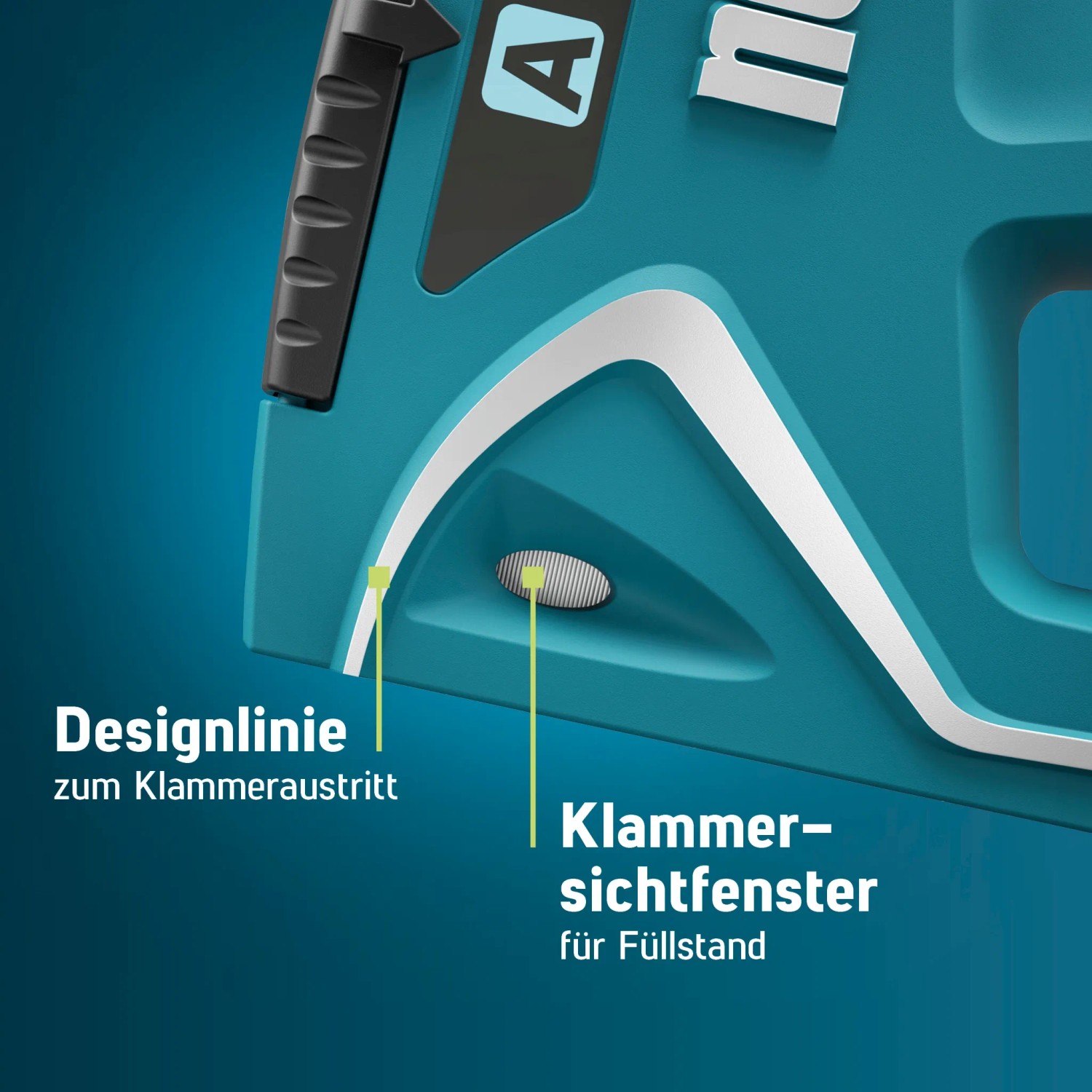 Detailaufnahme Novus J-15 Handtacker: Designlinie und Klammersichtfenster für Füllstandsanzeige.