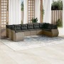 Graue vidaXL Garten-Sofagarnitur (10-tlg.) aus Polyrattan mit Kissen.