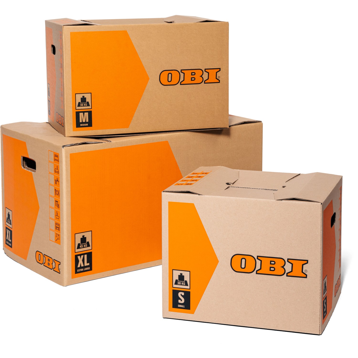 Stapel aus drei OBI Umzugskartons in verschiedenen Größen (S, M, XL).