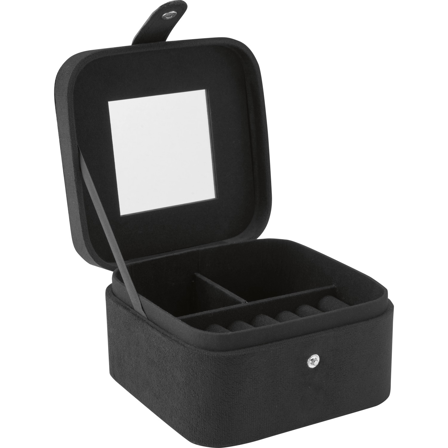 Geöffnete, schwarze Schmuckbox Midnight Mystery mit Spiegel im Deckel.
