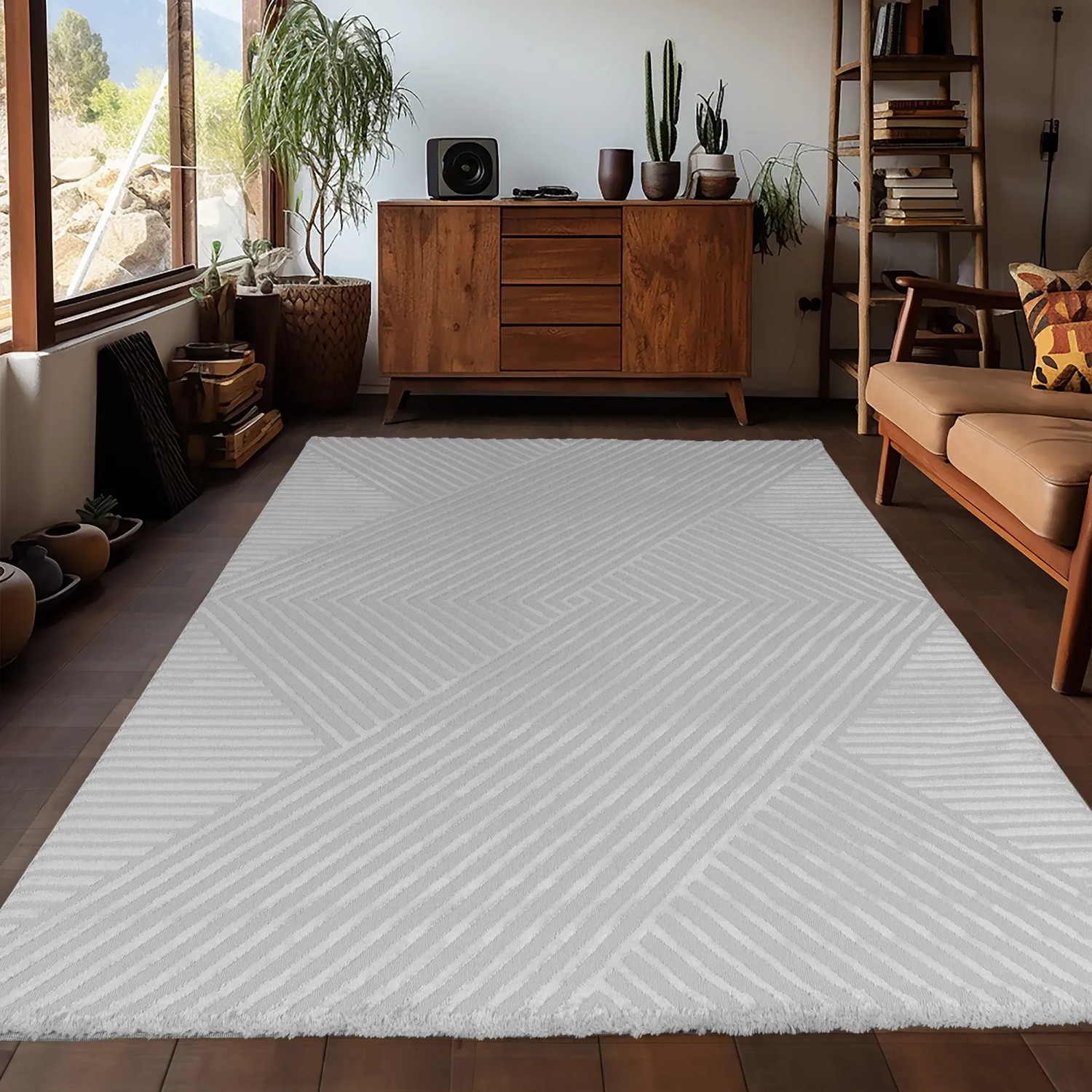 Ayyildiz Kurzflorteppich Sahara, silberner Teppich mit geometrischem Muster, 240x340 cm.