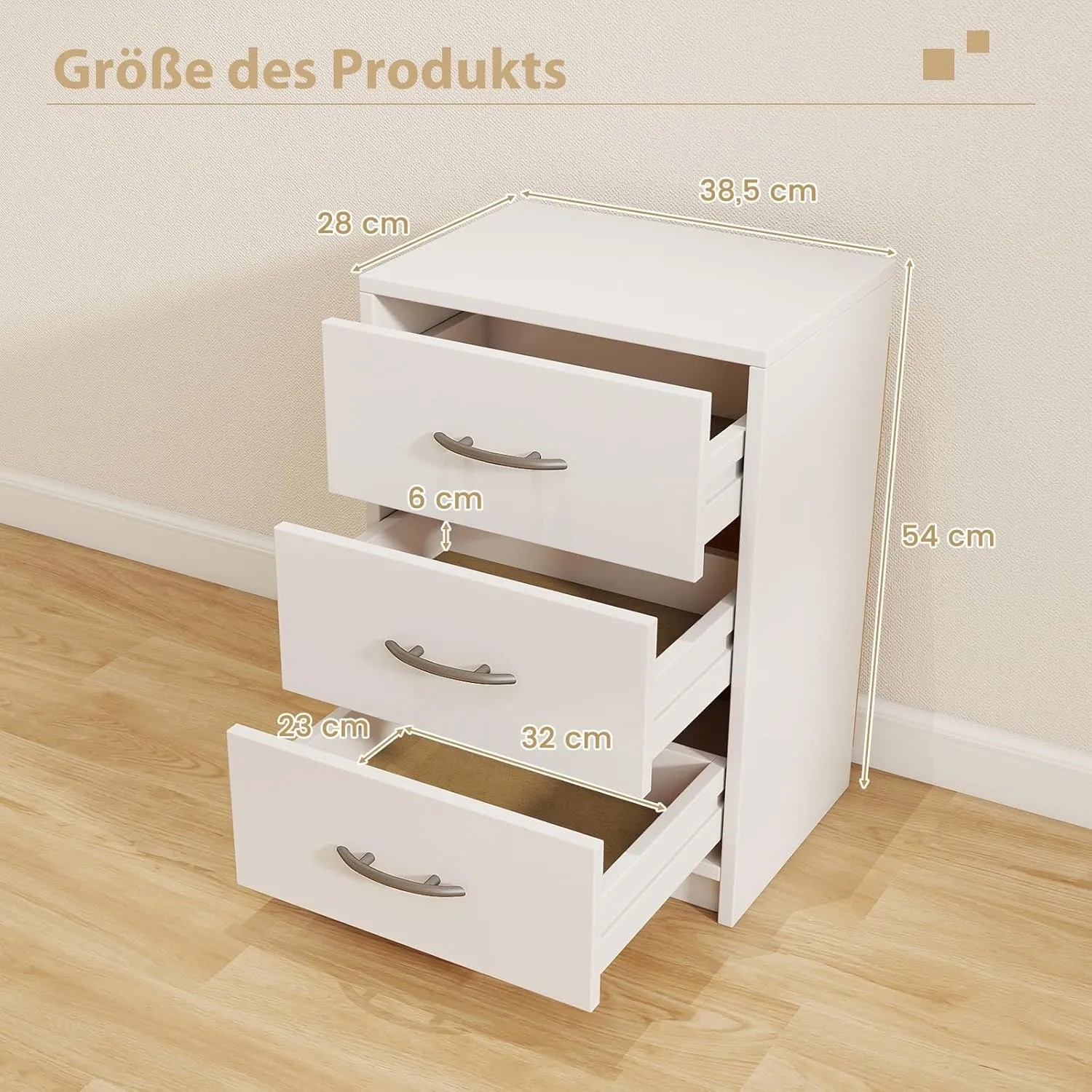 Weißer Costway Nachttisch mit 3 Schubladen, teilweise geöffnet, Maße eingezeichnet.