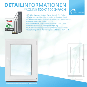 Framelux Kunststofffenster Proline Anthrazit, 3-fach Verglasung, Linksanschlag, 500x1100 mm.