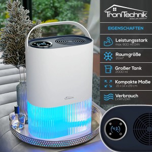 TroniTechnik Luftentfeuchter EF01 mit LED, 2L Tank und Tragegriff. Ideal für Räume bis 20m².