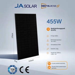 JA Solar 455W N-Typ Solarmodul, Bifazial Glas-Glas, Full Black Design für Solaranlagen.