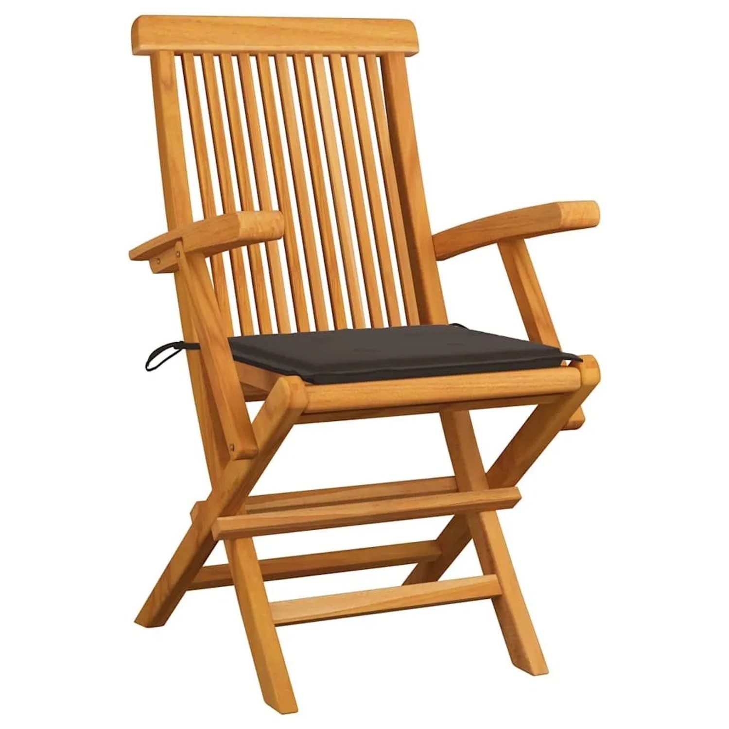 Klappbarer Teakholz Gartenstuhl mit Armlehnen und taupefarbenem Kissen. Robustes Massivholz für den Garten.