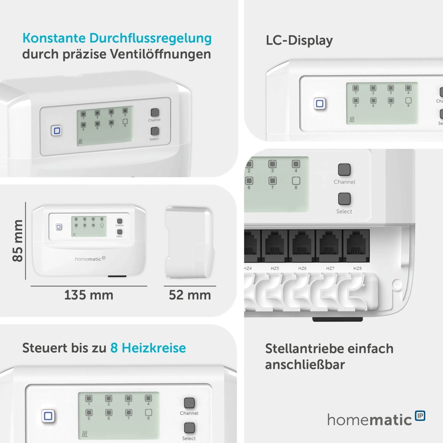 Weißer Homematic IP Fußbodenheizungscontroller mit LC-Display, steuert 8 motorische Heizkreise. Kompakte Hausautomation.