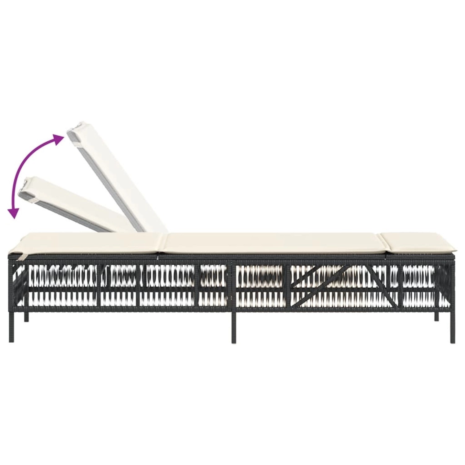 Schwarze Poly Rattan Sonnenliege mit Tisch und verstellbarer Rückenlehne.