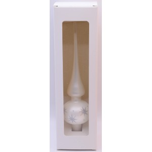 Weiße, matte Glas-Weihnachtsbaumspitze (6 cm) mit silbernen Sternen im Karton.