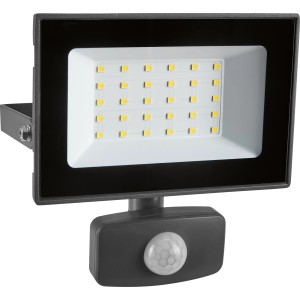 Grauer LED Strahler 30W mit Sensor für den Außenbereich.