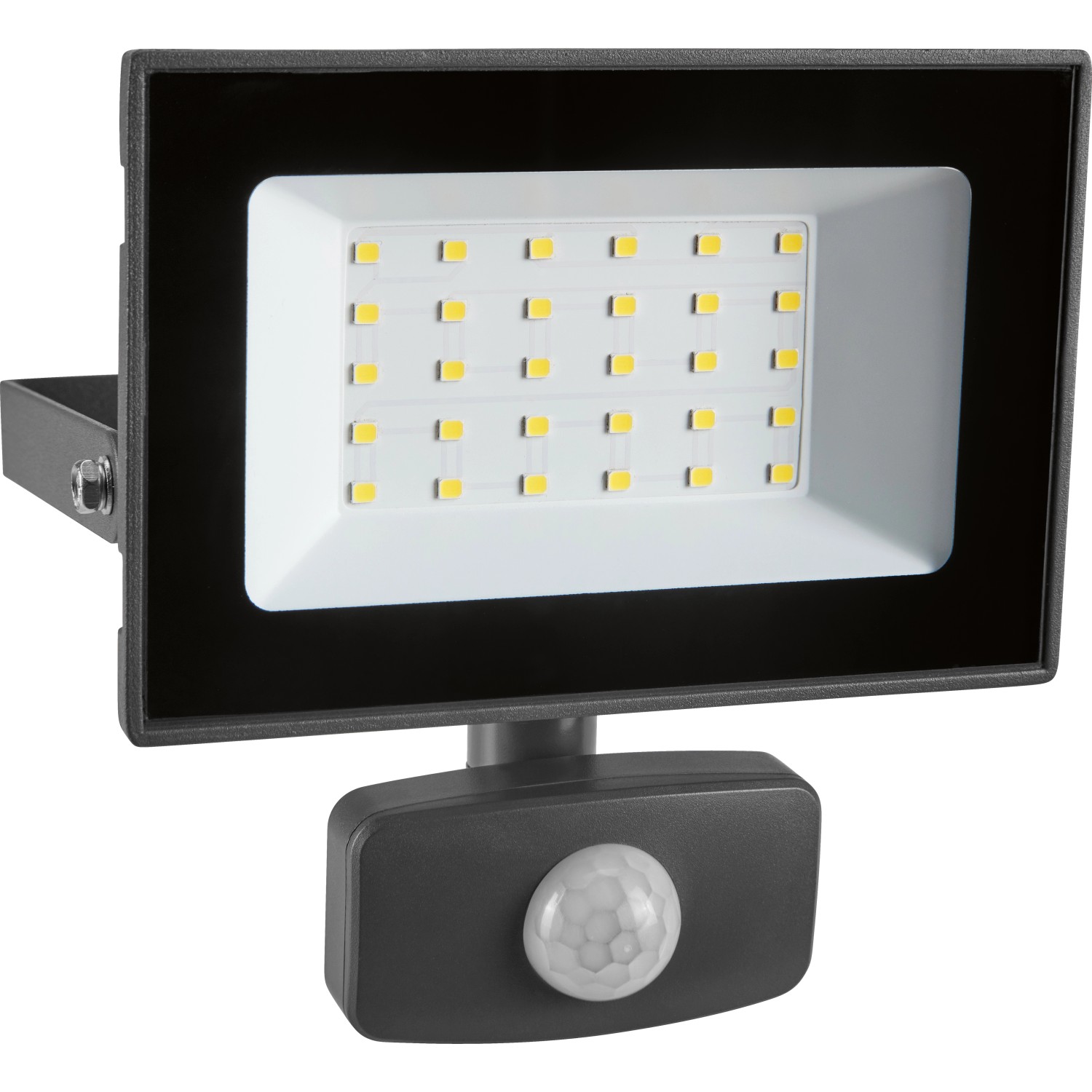 Grauer LED Strahler 30W mit Sensor für den Außenbereich.