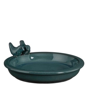 Dunkelblaue Keramik Vogeltränke Ø 30 cm mit zwei Vögeln am Rand. Wetterbeständig für den Garten.