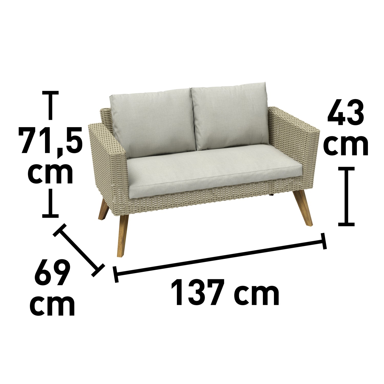 Sofa-Lounge-Set Borup, 2-Sitzer, Wicker Beige, mit Maßen. Gartenmöbel für entspannte Stunden.