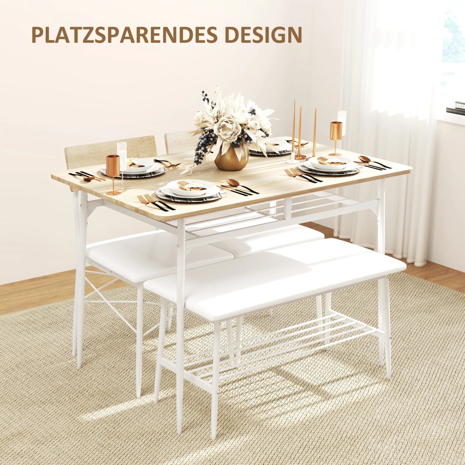 HOMCOM Essgruppe mit Tisch, 2 Stühlen und Bank in Eiche/Weiß. Platzsparendes Design.