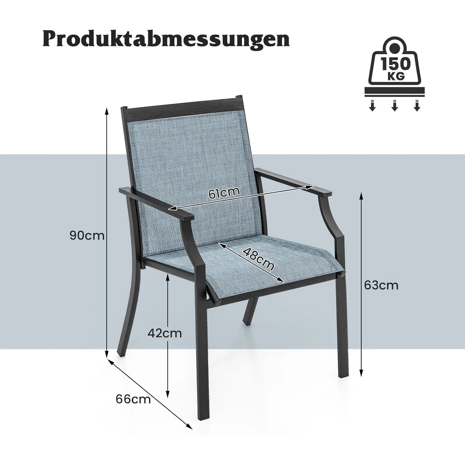 Detailansicht Costway Gartenstuhl, blau, mit Maßangaben. Ideal für Terrasse und Garten.