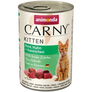 Carny Kitten Nassfutter mit Rind, Huhn und Kaninchen, 400g Dose für junge Katzen.