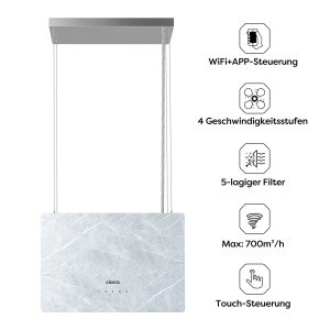 CIARRA Inselhaube VM4850W mit Marmor-Optik, A+++, 700 m³/h, WIFI, Touch-Bedienung. Dunstabzugshaube für die Küche.