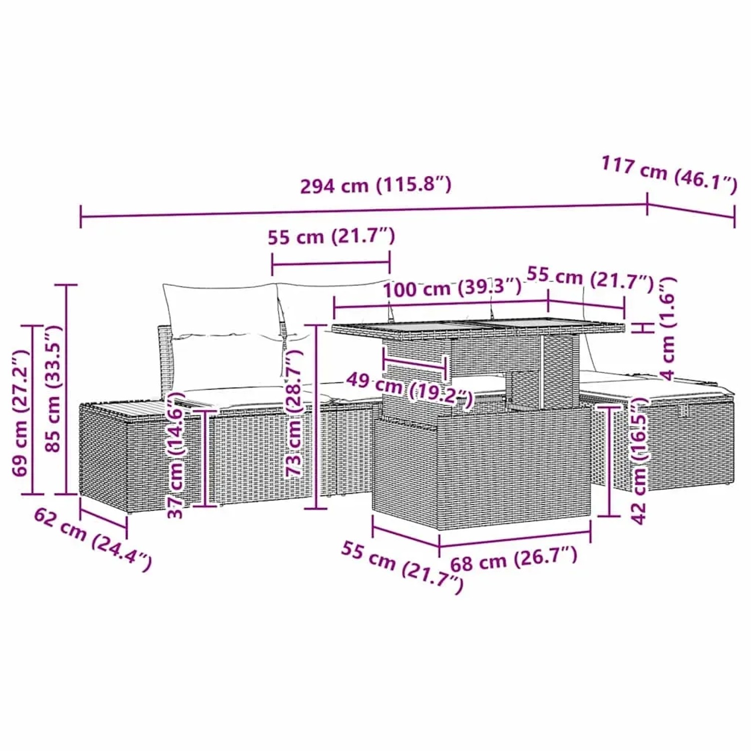 vidaXL Gartenmöbel-Set, 6-teilig, schwarz, Poly Rattan, mit Maßen für Planung.