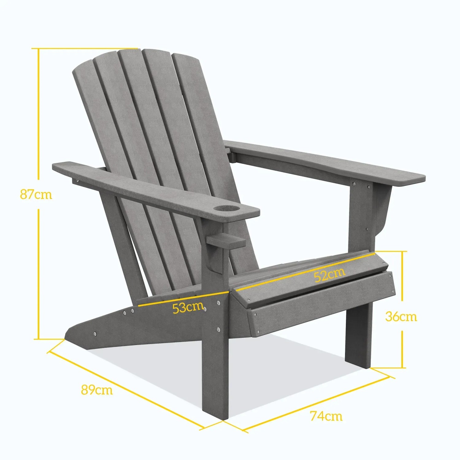 Grauer Outsunny Gartenstuhl aus HDPE mit Becherhalter und Maßangaben.
