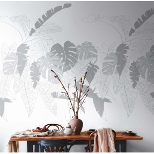 Livingwalls Vliestapete House of Turnowsky 389101 mit grauem Blätter-Motiv im Wohnraum.