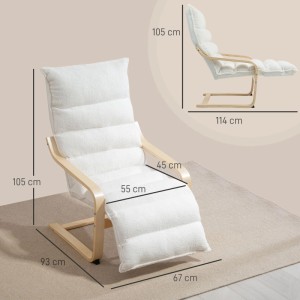 Weißer HOMCOM Relaxsessel mit weichem Sherpa-Fleece Polster, hellem Birkenholzrahmen und verstellbarer Fußstütze. 105x67x93 cm.