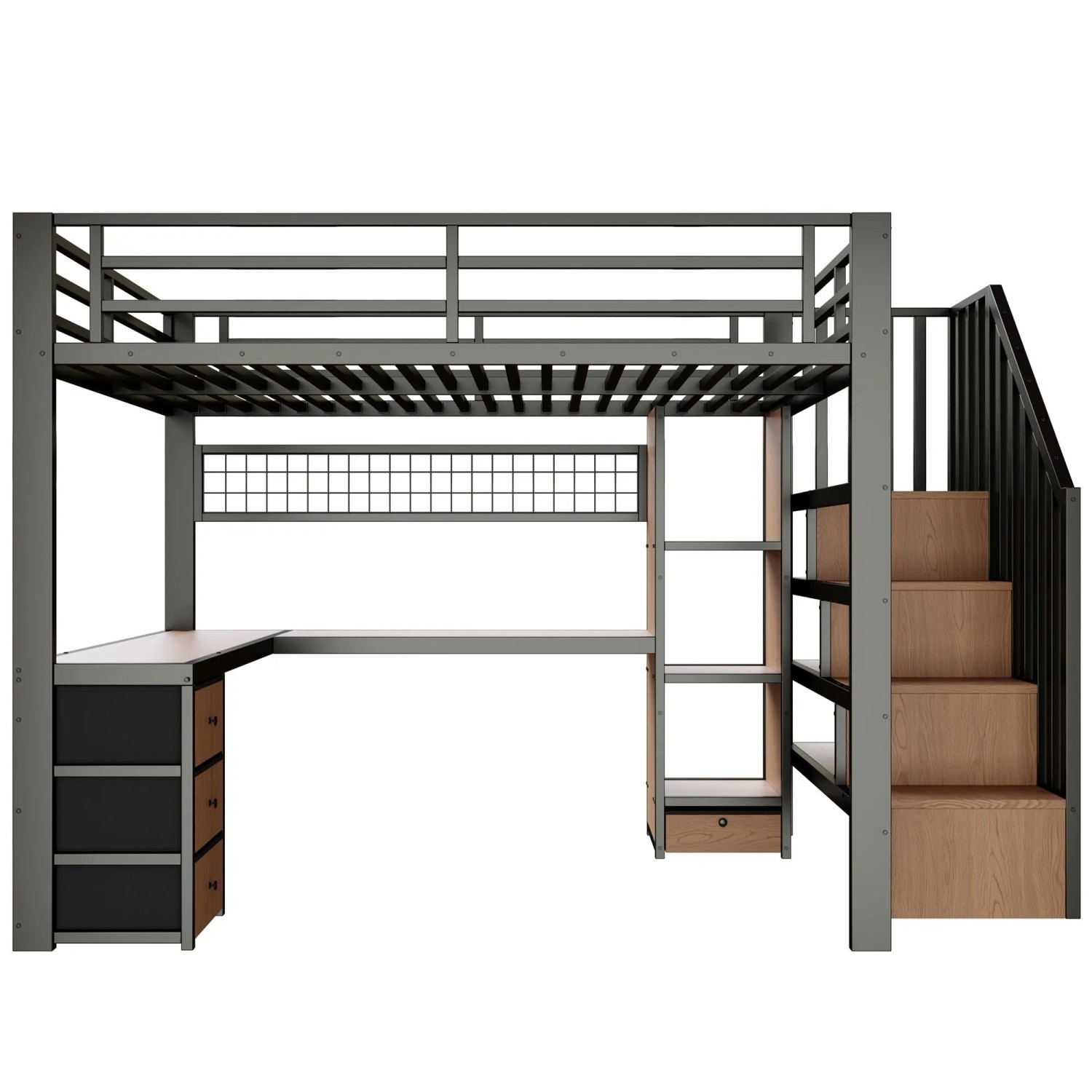okwish Hochbett 90x200cm mit Schreibtisch 4 Schubladen Schwarz ohne Matratze