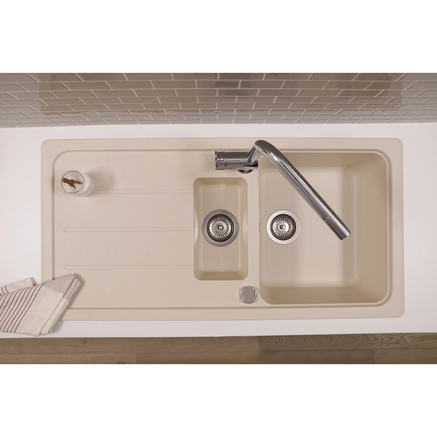 Respekta Einbauspüle Massivgranit Austin 100 cm x 50 cm mit Zusatzbecken Vanile_12